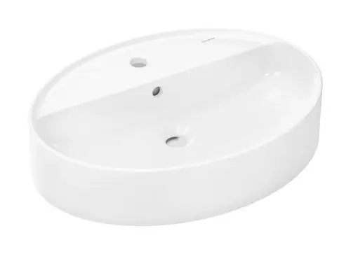 Aufsatzwaschtisch in ovaler Form von Hansgrohe, gefertigt aus weißem Material. Mit zwei Hahnlöchern und einem Überlauf, glatte, geradlinige Oberfläche.